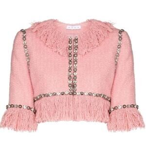 Area NYC Size 6 Pink Lurex-tweed Crystal-dome Trim Fringed Cropped Jacket #A